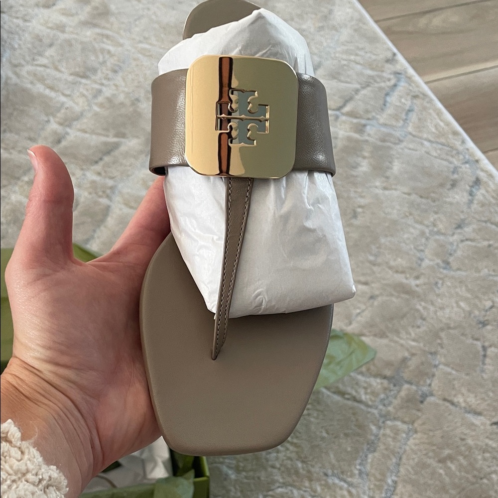 Tory Burch Taupe Georgia Slide Sandals with Gold Emblem - Picture 5 of 8